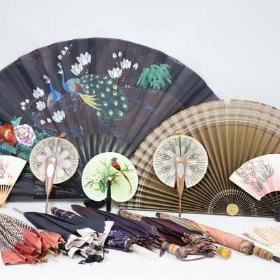 Sale Photo Thumbnail #256: Group of Assorted Vintage Umbrellas and Fans