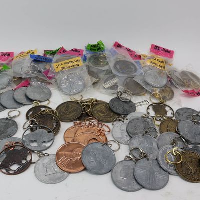 Sale Photo Thumbnail #174: Group of 90 Assorted Faux 3 inch Metal Coin Key Chains