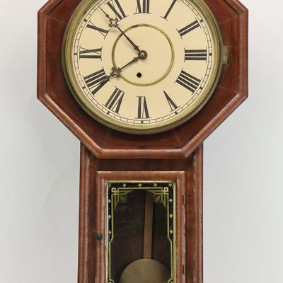 Sale Photo Thumbnail #14: Antique Schoolhouse Wall Clock in Mahogany Case