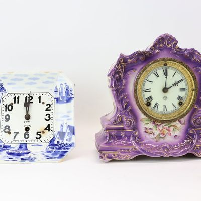 Sale Photo Thumbnail #230: Antique Floral Decorated Porcelain Mantle Clock Marked Wing