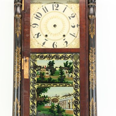Sale Photo Thumbnail #15: Antique Stencil Decorated Pillar and Splat Shelf Clock