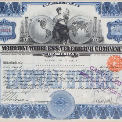 Sale Photo Thumbnail #185: Marconi Wireless Telegraph Co Stock Certificate
