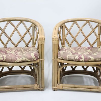 Sale Photo Thumbnail #48: Pair of Mid-Century Rattan Barrel Chairs with Cushions