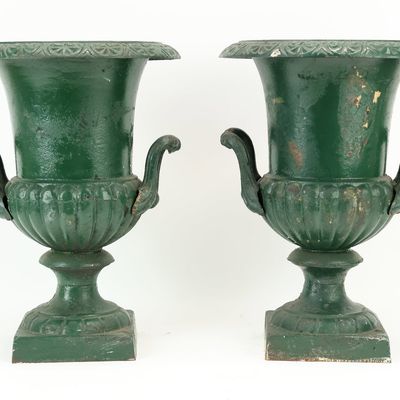 Sale Photo Thumbnail #100: Pair of Green Painted Cast Iron Double Handled Urns