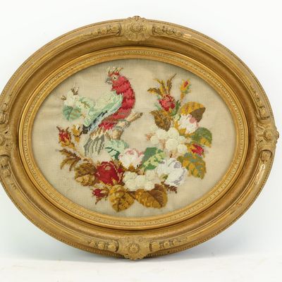 Sale Photo Thumbnail #340: Antique Bird Flowers Heirloom Needlepoint