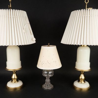 Sale Photo Thumbnail #211: Pair of Brass Mounted Opaline Glass Table Lamps