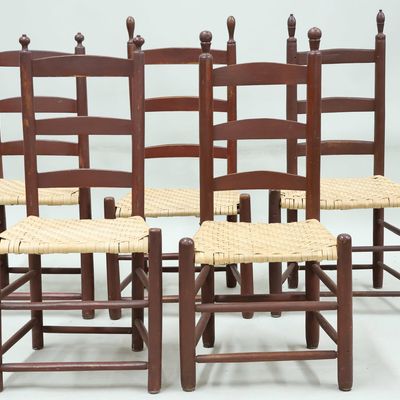 Sale Photo Thumbnail #107: Five Assorted Red Painted Ladderback Primitive Side Chairs