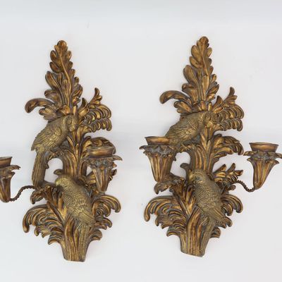 Sale Photo Thumbnail #285: Pair of Two Light Gilt Painted Parrot Decorated Wall Sconces