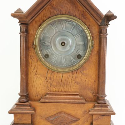 Sale Photo Thumbnail #21: Antique Waterbury Burlwood Chapel Shelf Clock