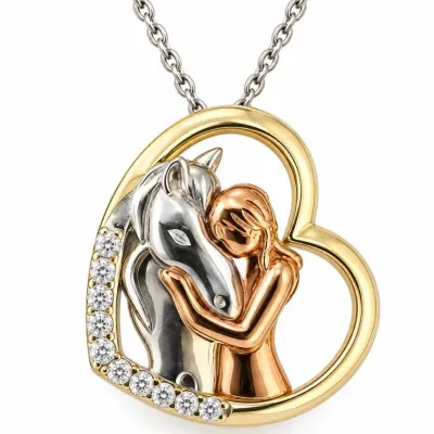 S925 Sterling Silver Horse & Woman Heart Pendant Necklace with Clear Stones