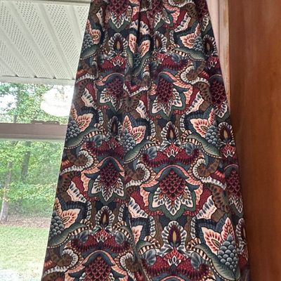 Sale Photo Thumbnail #46: Vintage window curtain panel featuring a dense, multi-colored damask and floral pattern in shades of burgundy, teal, and cream.