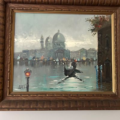 Sale Photo Thumbnail #146: Mid-century oil painting depicting a Venetian canal scene with a gondola and Santa Maria della Salute in the background, housed in a carved wooden frame.
