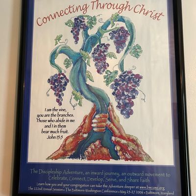 Sale Photo Thumbnail #131: Framed religious poster from the 222nd Annual Session of The Baltimore-Washington Conference in 2006, featuring the theme "Connecting Through Christ" with a grapevine illustration and John 15:5 scripture.