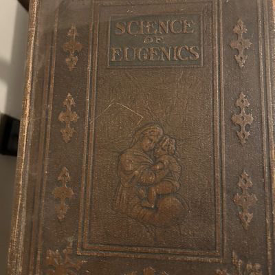 Sale Photo Thumbnail #74: Antique hardcover copy of "Science of Eugenics," featuring an embossed brown cover with decorative borders and an illustration of a mother holding a child.