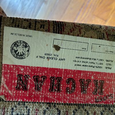 Sale Photo Thumbnail #135: Vintage Super Kachan wool rug label, showing 100% pure new wool composition and made in Belgium.