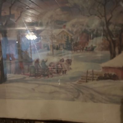 Sale Photo Thumbnail #91: Framed winter landscape print depicting a horse-drawn sleigh in a snowy village scene, housed behind glass in a dark wood frame.