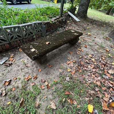 Sale Photo Thumbnail #38: Weathered concrete garden bench covered in moss, situated in a backyard setting with fallen leaves.
