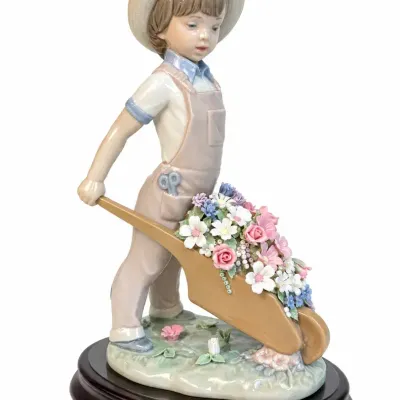 Lladro “Carretilla con Flores” Boy with Flower Wheelbarrow Porcelain Figurine No. 1283 with Original