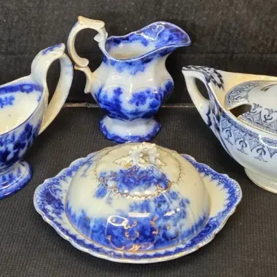 Lot Of Antique Flow Blue China: Gravy Boats, Creamer Pitcher & Butter Dish