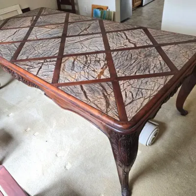 Marble Tile Top Carved Wood Table