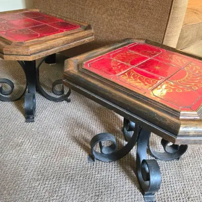 2 Tile Top Vintage End Tables & Wooden Bin Box
