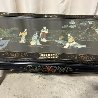 Ornate Chinese Style Coffee Table with Inlaid Mother of Pearl & Carved Soapstone 
