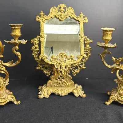 Iron Art Tabletop Vanity Mirror & Pair Of Candelabra