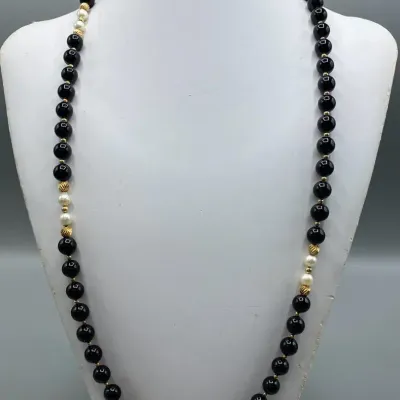 14K Gold-Pearl-Onyx Necklace 32”
