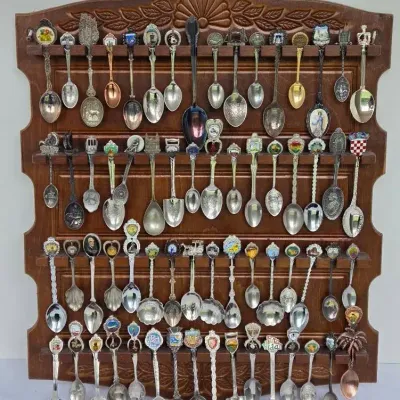 Collection Of Vintage & Souvenir Spoons With Display Rack
