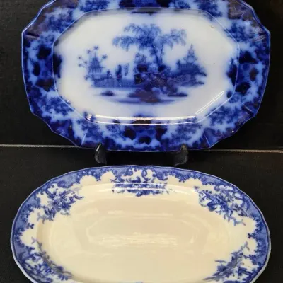Antique Flow Blue China Platters: J&G Alcock & Furnivals