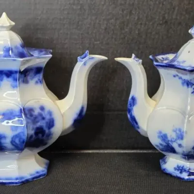 Antique Flow Blue China Tea Pots W/Lids: Mason Ironstone & F&R Pratt