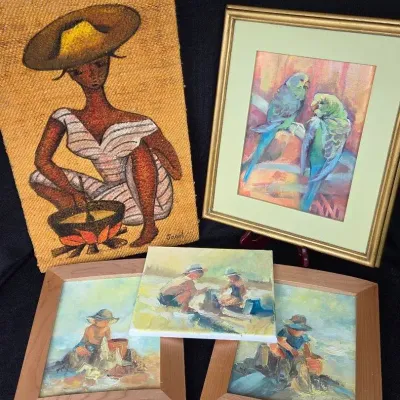 Original Signed Art Lot: Oil & Acrylic on Canvas, Handwoven Wool Tapestry, & French Tapestry