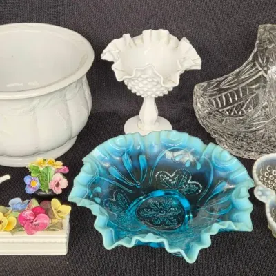 Collection Of Crystal, Ironstone, Porcelain & Milk Glass Decor