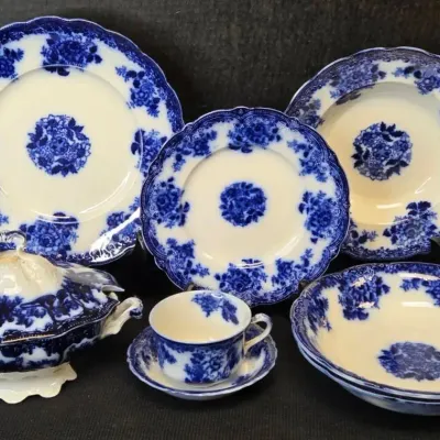 New Wharf Pottery, Waldorf Pattern Antique Flow Blue China