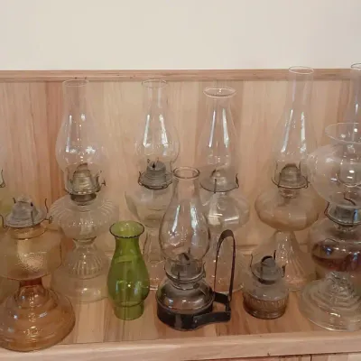 Large Lot Vintage / Antique Glass Oil Lamps + Lamp Oil, Lantern