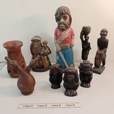 Vintage Wood Carvings - Liquor Pirate, African, Ducks, 3 Monkeys