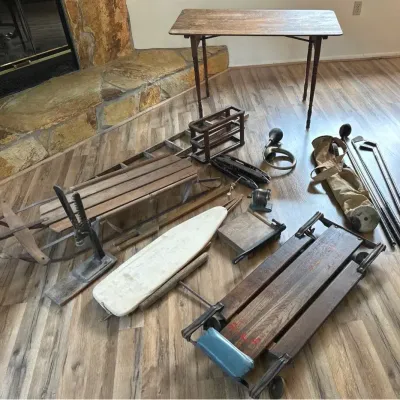 Antique Lot - sled, wood golf clubs & bag, ladder, Mechanics Creeper+++