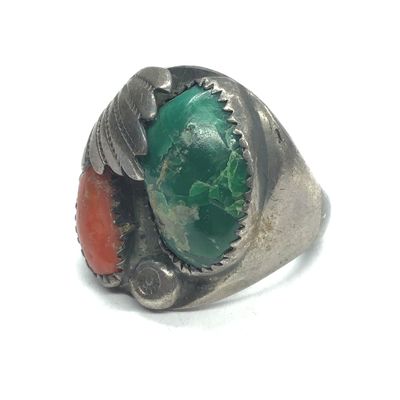 Navajo turquoise and red coral ring