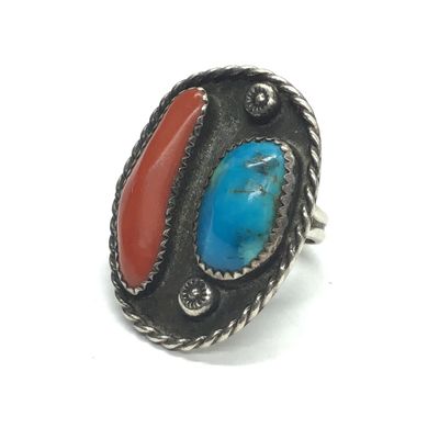 Navajo turquoise and red coral ring