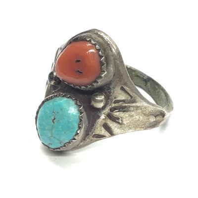 Navajo turquoise and red coral ring