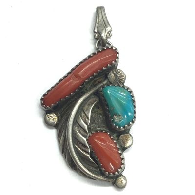 Eustace Zuni turquoise and red coral pendant