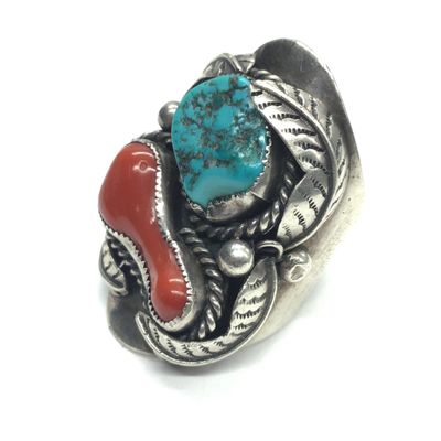 Vintage Navajo turquoise and red coral ring
