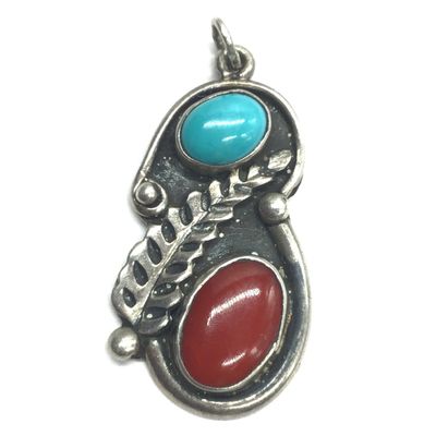 Navajo turquoise and red coral pendant