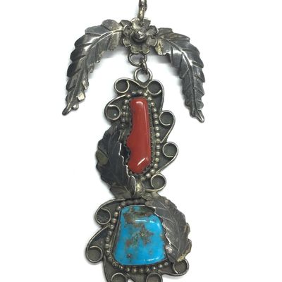 Jim Two Eagles Navajo turquoise/ red coral pendant
