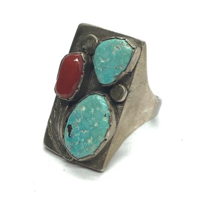 Navajo turquoise and red coral ring