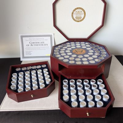 Sale Photo Thumbnail #450: Complete 1999-2009-D Minted UNC Statehood & Territorial 25 Coin Rolls/Tubes in Wooden Display Box w/ COA - 56 Full 25 Quarter Rolls in Drawers & 56 Single Quarters Displayed on Top, Plus Six "S" Mint Proof Territorial & DC Quarters
