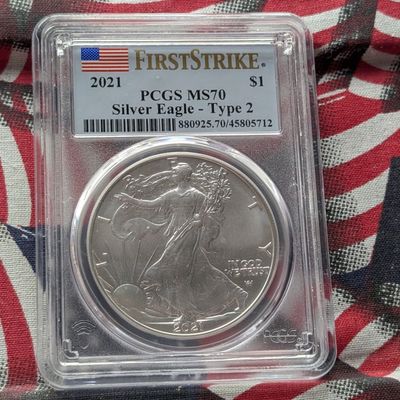 Sale Photo Thumbnail #74: 2021 Type 2 American Silver Eagle 1 Troy Oz. .999 Silver - PCGS MS70 - First Strike