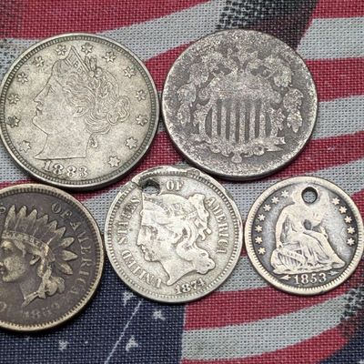 Sale Photo Thumbnail #339: 1853-O Seated Liberty Half Dime, 1859 Indian Head Cent, 1874 Three Cent Nickel, 1883 No Cents Liberty Head V Nickel, & No Date Shield Nickel