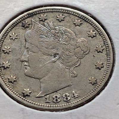 Sale Photo Thumbnail #222: 1884 Liberty Head V Nickel - VF, Second Year, Semi Key Date