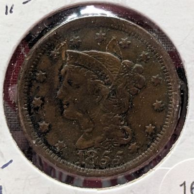 Sale Photo Thumbnail #236: 1855 Braided Hair Large Cent Slanting "55" Variety - VF, Semi Key Date